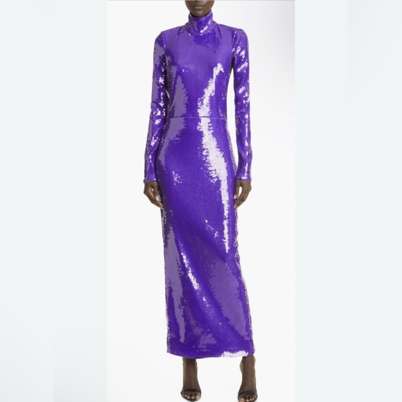 New LaQuan Smith Sequin Mock Neck Long Sleeve Cutout Column Gown Sz Small $3125